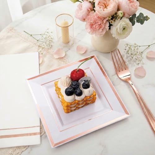 Festiva 350Pcs Rose Gold Plates and Napkins Party Supplies-Square White and Rose Gold Disposable Dinnerware include Plates Cups Cutlery Napkins for 50 Guests Wedding &Mother's Day&Birthday Party - Image 5