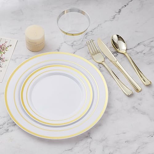BESTVIP 600PCS Gold Dinnerware Set for 100 Guests, Plastic Plates for Party, 100 Gold Disposable Plates, 100 Dessert Plates, 100 Cups, 100 Spoons, 100 Forks and 100 Knives (Pack of 3) - Image 6