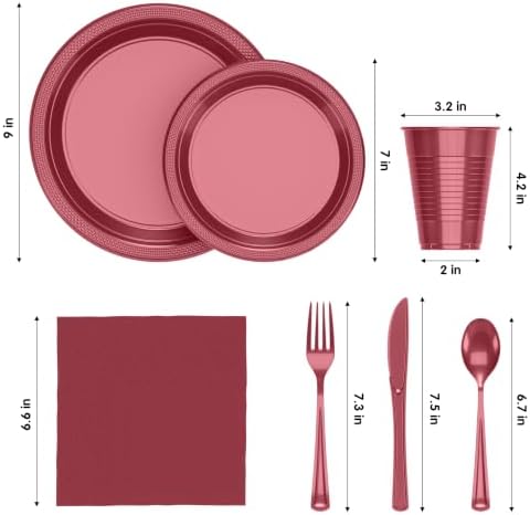 Exquisite 350 Pcs Burgundy Plastic Plates For Party, Burgundy Disposable Plates Set, 50 Of Each 9" Dinner Plate Set, 7" Dessert Plate, Cups, Napkins & Cutlery Plastic Dinnerware Set - Image 2