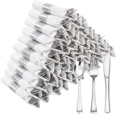 Goodluck 50 Pack Pre Rolled Silver Plastic Silverware with Napkins by GoodLuck