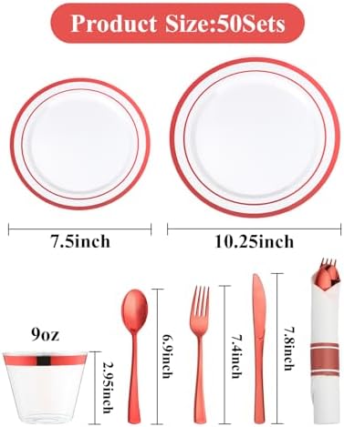 Goodluck 350 Piece Red Plastic Dinnerware Set for 50 Guests - Image 2