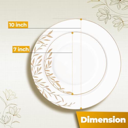 PLASTICPRO 128 Pack Elegant Disposable Plastic Plates Combo Set Includes 64 Dinner Plates and 64 Salad Plates Heavy Duty Fancy Party Plates White & Gold Flower Design - Image 5