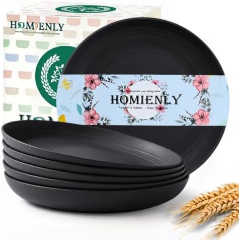 Homienly Wheat Straw Deep Plates 9 Inch Unbreakable Dinner Plates Set of 6 Reusable Plastic Plates for Salad, Bread & Butter, Breakfast, Microwave & Dishwasher Safe Camping Plates (Black) by HOMIENLY