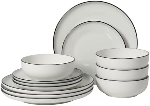Gibson Home Havenstone 12-Piece Dinnerware Set – Dinner Plates, Salad Plates & Bowls, Classic White With Black Rim Everyday Dish Set for Home, Kitchen, Microwave & Dishwasher Safe by GibsonHomewares