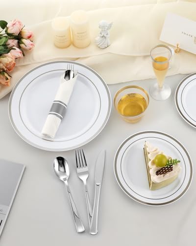 Goodluck 200 PCS Silver Dinnerware Set, Party Plastic Plates for 25 Guests - Image 6