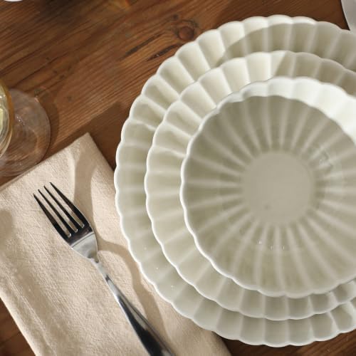 Gibson Elite Peach Orchard 12-Piece New Bone China Dinnerware Set Service for 4, Embossed Fluted Plates and Bowls, Dishwasher and Microwave Safe, Cream White - Image 6