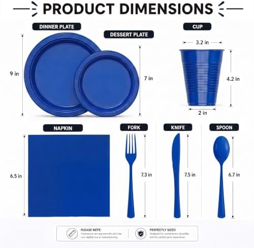 350 Pcs Dark Blue Plastic Plates for Party Dark Blue Disposable Plates Set 50 of Each 9 Dinner Plate Set 7 Dessert Plate Cups Napkins & Cutlery Plastic Dinnerware Set Exquisite - Image 3