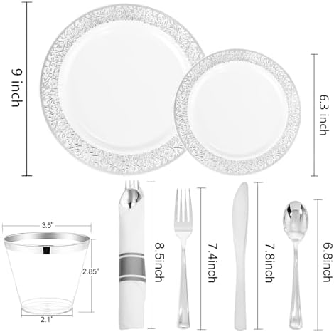 WELLIFE 175Pcs Silver Dinnerware Sets, Include:25 Dinner Plates, 25 Dessert Plates, 25 Paper Napkins, 25 Cups, 75 Silver Silverware Set for Party and Weddings - Image 2