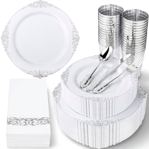 Nervure 350Pcs Silver Plastic Plates, Plastic Dinnerware Set for 50 Guests by Nervure