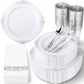 Nervure 350Pcs Silver Plastic Plates, Plastic Dinnerware Set for 50 Guests by Nervure