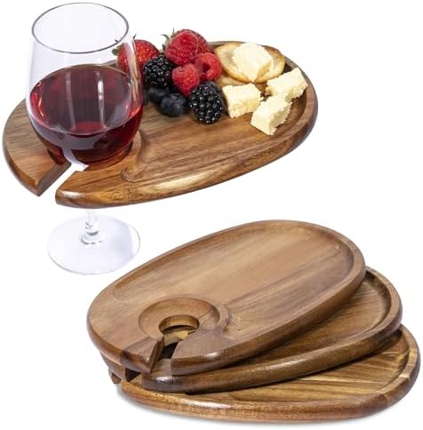 Wine Glass Holder Plates – Acacia Wooden Appetizer & Snack Plates for Party, Wine & Cheese Mini Charcuterie Boards, Set of 4 – Great Gift for Wine Lovers - Image 5