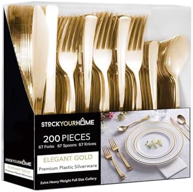 Gold Plastic Silverware Set (200-Pack) – Disposable Heavy Duty Cutlery, 67 Forks, 67 Knives, 67 Spoons for Parties, Weddings, Dinners & Holidays, Stock Your Home by StockYourHome