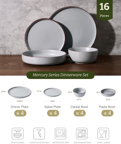 Famiware Mercury 16-Piece Dinnerware Set with Pasta Bowls,Light Grey - Image 2