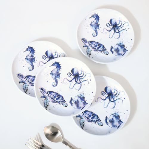 UP Indigo Sea Life Melamine Round Dessert Plates, Small Serving Plates, for Appetizer, Snacks, and Side Dishes, Blue, 6 Inch, Set of 4 - Image 2