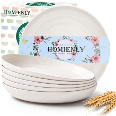 Homienly Large Deep Plates Set 10 inch Unbreakable Wheat Straw Dinner Plates Set of 6 Lightweight Salad Plates for Party,Camping Microwave & Dishwasher Safe Reusable Plastic Plates for Dessert (White) by HOMIENLY