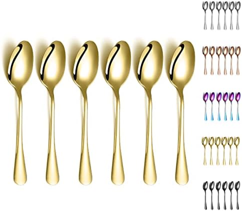 Gold Dinner Spoons, Kyraton 6 Pieces 7.5" Stainless Steel Table Spoon With Titanium Gold Plating, Soup Spoon, Dessert Spoons Sliverware Dishwasher Safe Set of 6. by Kyraton