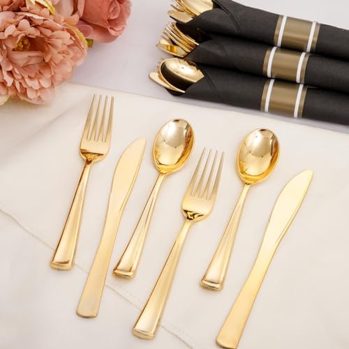 Supernal 60 Pack Pre Rolled Gold Plastic Silverware with Black Napkins Set - Image 4
