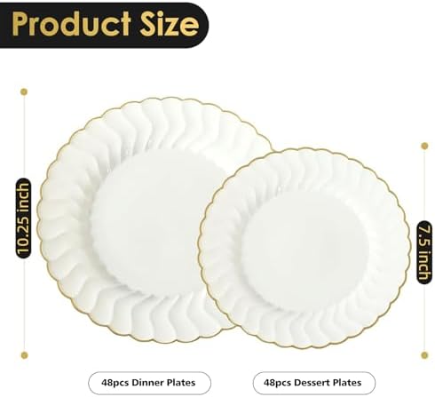 Lullaby 96PCS Ivory Scalloped Plastic Plate with Gold Rim for Party Wedding - Image 2
