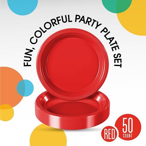 Exquisite Party Solids Sturdy Red Plastic Plates 10" Party Plates 50 Pcs - Image 2
