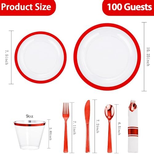 I00000 700Pcs Clear Red Plastic Plates,Disposable Dinnerware for 100 Guests - Image 6