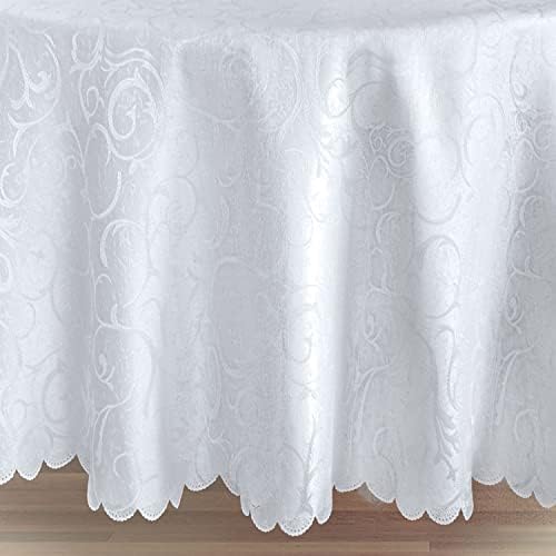 Newbridge Portofino Scalloped Damask Fabric Tablecloth, 60 x 84 Inch Oval, White, Wrinkle and Stain Resistant Fine Dining Holiday Party Table Cover - Image 5