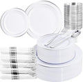 WELLIFE 210 Piece Silver Plastic Dinnerware Set for 30 Guests, Include: 30 Dinner Plates, 30 Dessert Plates, 30 Pre Rolled Napkins with Silverware and 30 Silver Cups by WELLIFE