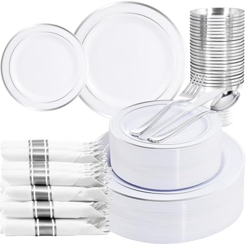 WELLIFE 210 Piece Silver Plastic Dinnerware Set for 30 Guests, Include: 30 Dinner Plates, 30 Dessert Plates, 30 Pre Rolled Napkins with Silverware and 30 Silver Cups by WELLIFE
