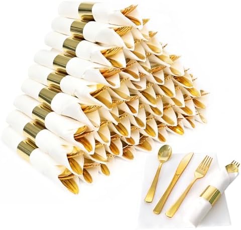 50 Pack Pre Rolled Gold Plastic Silverware Set with Napkins by Dlebay