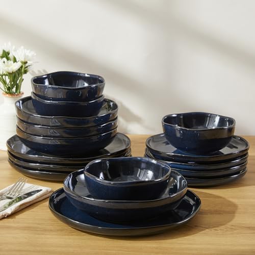 Pokini Plates and Bowls Sets, 16 Pieces Dinnerware Set for 4 with Pasta Bowls, Handmade Dishes Set, Chip Resistant Dishware Sets, Microwave Safe Dinner Set, Designed for Interactive Meals, Starry Blue - Image 5