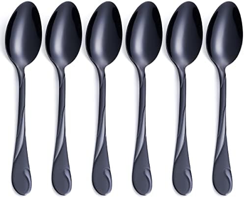 Black Dinner Spoon Set, Seeshine 7.6-inch Stainless Steel Shiny Black Soup Table Spoon Silverware, Set of 6 by Seeshine