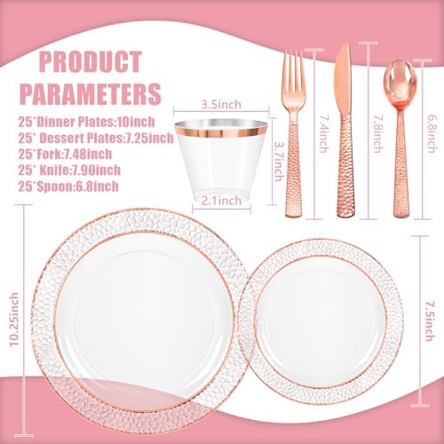 Ciaell 150PCS Rose Gold Plastic Plates – Disposable Plates with Rose Gold Plastic Silverware include 50Plates, 25Forks, 25Knives, 25Spoons, 25Cups for Wedding & Party (Pack of 2) - Image 2