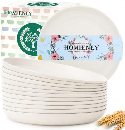Homienly 12 PCS Wheat Straw Plates 10 Inch Unbreakable Deep Salad Plates Set Microwave Safe Plastic Plates for Apartment, Camping, Gathering Dishwasher Safe Bread & Butter Plates for Dessert (White) by HOMIENLY