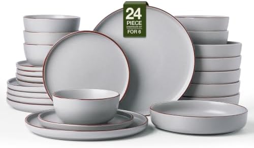 Famiware Mercury 24-Piece Dinnerware Set with Pasta Bowls,Light Grey by Famiware