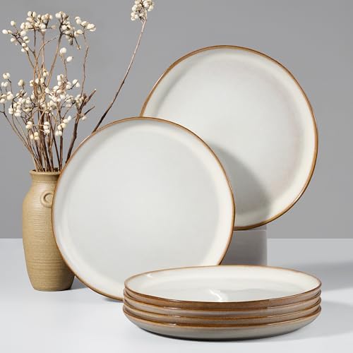 HaWare Stoneware Dinner Plates Set of 6, 10" Heavy Duty Ceramic Plates, Reactive Glaze Dinnerware for Home Restaurant, Chip and Scratch Resistant, Microwave and Dishwasher Safe, Reactive Pearl White by HaWare