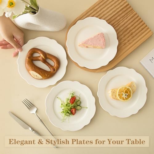 7.5” White Porcelain Small Dinner Plates Leave Wave Rim Set of 12 - Image 5