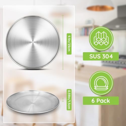Metal Camping Plates, 6 Pack 9.1 inch 304(18/8) Stainless Steel Plates, Reusable Pizza Food Serving Snack Eating Salad Dishes Round Shatterproof Plate Silver Dinnerware Dinner Oven Safe - Image 2