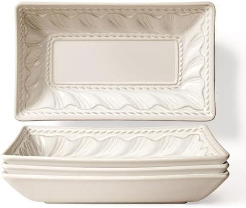 Artena Appetizer Plates Set of 4, 8.25" Embossed Ceramic Rectangular Dessert Plates, Deep Lipped Edges, Microwave & Dishwasher Safe, Salad Sushi Snack Serving Plates (White, Willow Leaf) by Artena