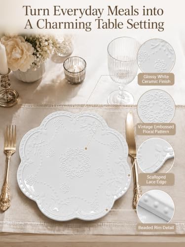 10 Inch White Ceramic Dinner Plates Set of 4, Embossed Floral Butterfly Plates with Scalloped Beaded Rim, Vintage Dinnerware for Family Meals, Pasta, Steak and Holiday Entertaining - Image 2