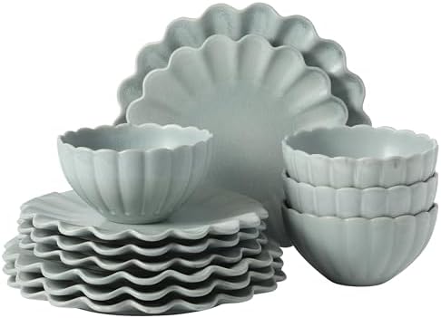 Gibson Elite Bistro Fleur Plates and Bowls Sets, 12-Piece Stoneware Dinnerware Set for 4, Sage Blue Scalloped Dish Set with Dinner Plates, Salad Plates & Bowls by GibsonHomewares
