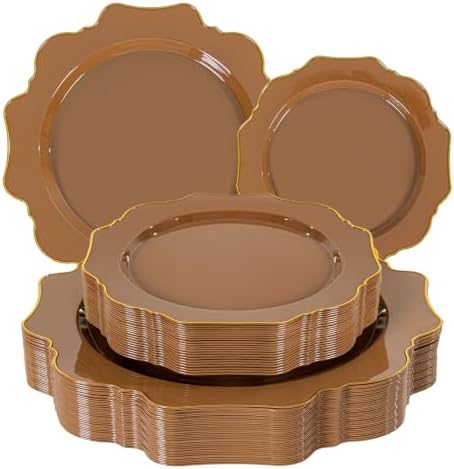 WDF 50PCS Brown and Gold Plastic Plates - Mocha Plates Disposable for Party by WDF