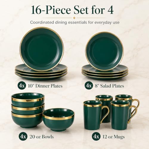 Green and Gold Dinnerware Set for 4, 16-Piece Porcelain - Image 2