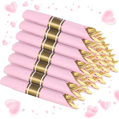 Supernal 30 Pack Gold Plastic Silverware Set with Pre Rolled Pink Napkin by supernal