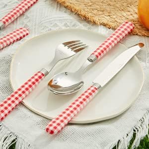 ANNOVA Stainless Steel Colorful Tableware Kitchen Flatware Set Utensils, Includes Dinner Knives, Forks, Spoons, Salad Forks & Dessert Spoons, Modern Rounded Shape (Red Checkered, 20 Pieces) - Image 6