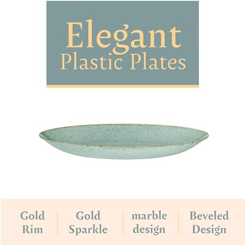 PLASTICPRO 32 Pack Elegant Disposable Plastic Plates Combo Set Includes 16 Dinner Plates and 16 Salad Plates Heavy Duty Fancy Party Plates Green Granite Plates with Gold rim - Image 7