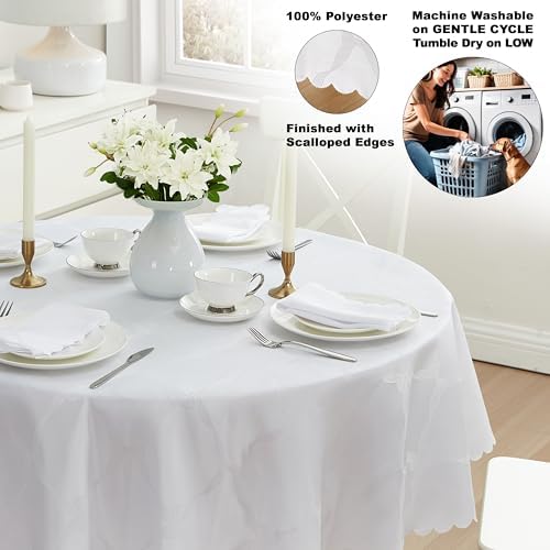 Newbridge Holiday Ribbons Bows White 70" Round Tablecloth | Thanksgiving Christmas Jacquard Damask Table Cover, Water Stain Wrinkle Resistant, Winter Formal Dinner Party Dining Décor - Image 4