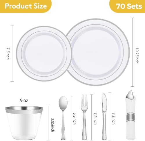 Goodluck 490 Piece Silver Plastic Dinnerware Set for 70 Guests - Image 3