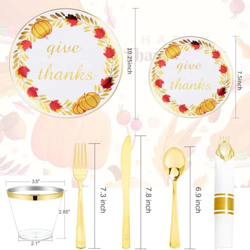 Rubtlamp 175Pcs Thanksgiving Plastic Plates, Gold Disposable Plates With Red Wreath, Fall Party Plates Include 75Gold Plastic Cutlery with Pre Rolled Napkins,25Dinner Platos, 25Salad Platos, 25 Cups - Image 2