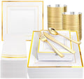 Festiva 350Pcs Gold Plastic Plates - Disposable Square Gold Plates Dinnerware set include 9.5"/6" Plates,Cups,Plastic Cutlery,Hand Napkins Perfect for 50 guests Party&Birthday&Wedding by Festiva