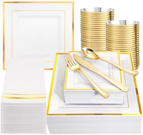 Festiva 350Pcs Gold Plastic Plates - Disposable Square Gold Plates Dinnerware set include 9.5"/6" Plates,Cups,Plastic Cutlery,Hand Napkins Perfect for 50 guests Party&Birthday&Wedding by Festiva