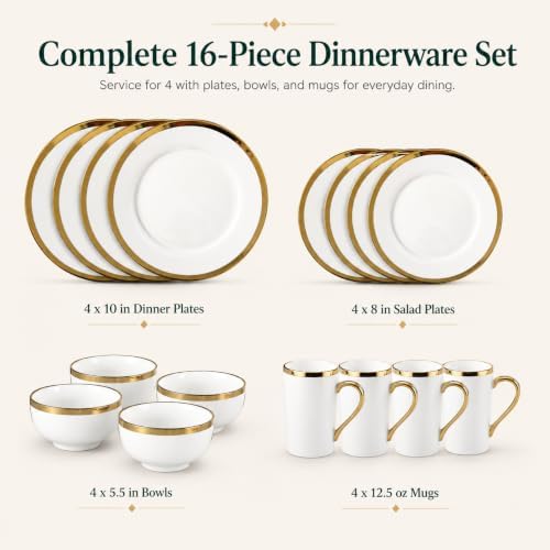 White and Gold Dinnerware Set for 4, 16-Piece Porcelain - Image 2